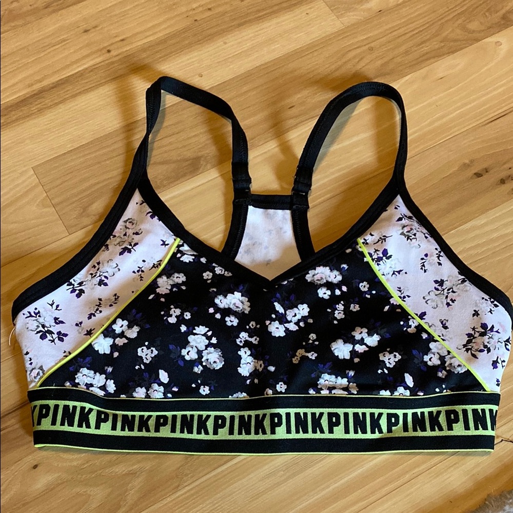 PINK Victoria's Secret Black and White Sports Bra with Floral Design Small